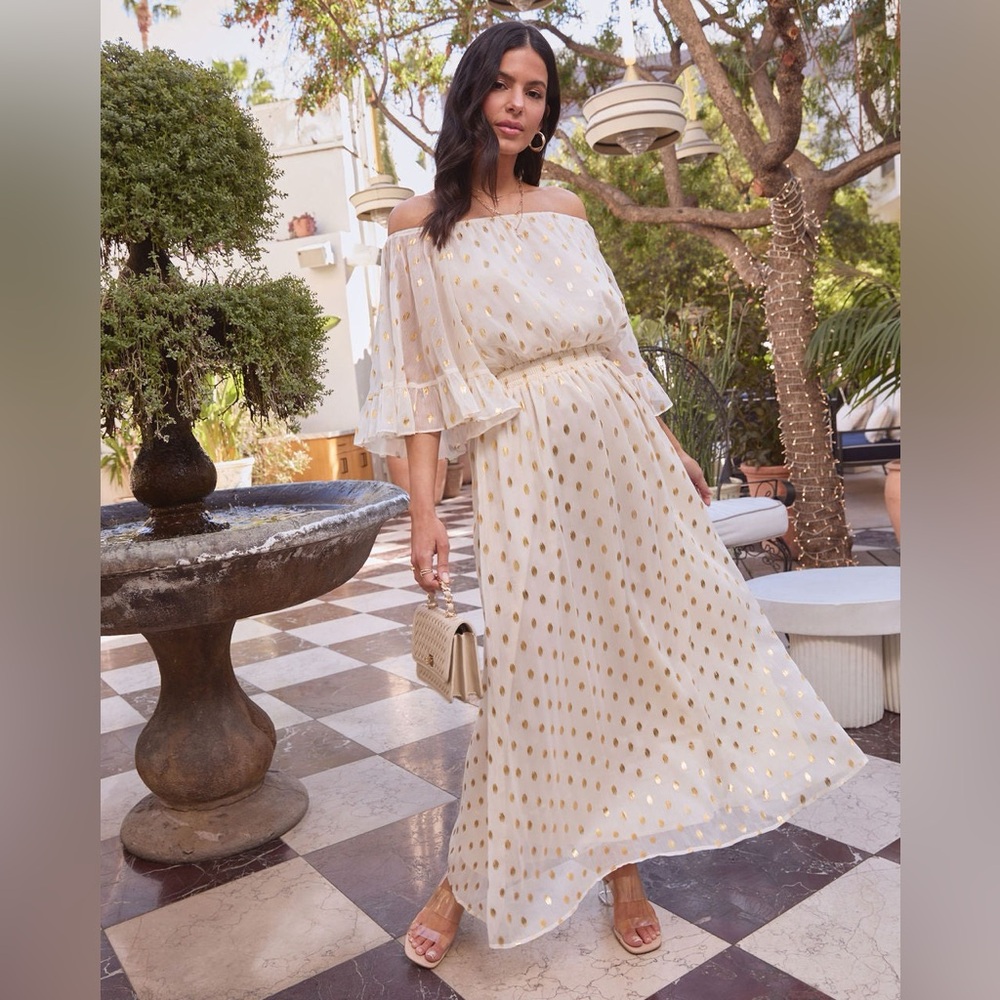 🌞 VICI Parson Chiffon Off Shoulder Midi Maxi Dress Metallic Gold Dot Pattern XS